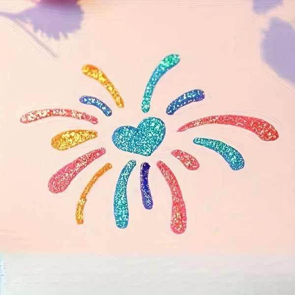 Corazón dibujado a mano con bolígrafos de purpurina de colores sobre fondo rosa claro.
