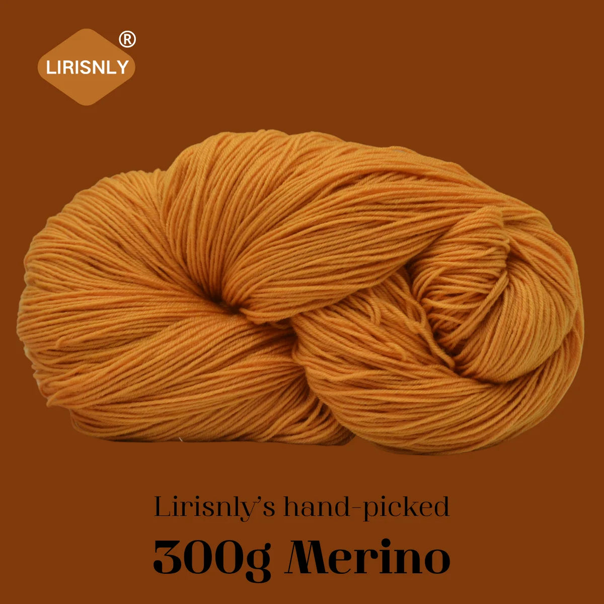A ball of orange Merino wool yarn labeled LIRISNLY, ready for knitting or spinning.