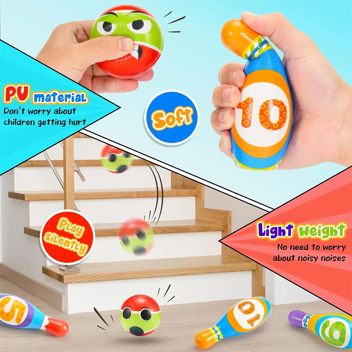 A hand holds an orange numbered bowling pin and a green soft ball, demonstrating the colorful foam bowling set for kids.