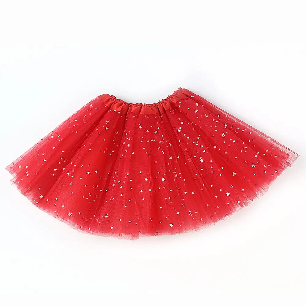 Red sparkling princess tutu dress for girls featuring three layers and stars