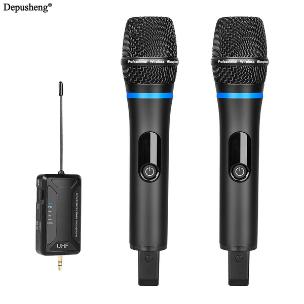 Schwarzes professionelles UHF kabelloses Karaoke-Mikrofon-System mit abnehmbarem Kabel und Mikrofonkopf.