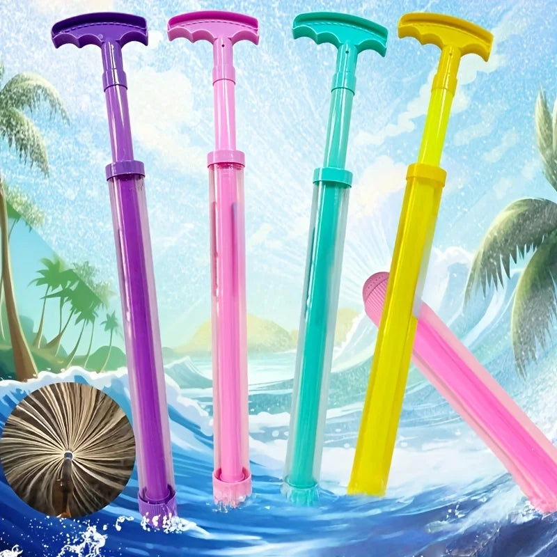 A set of four colorful water spray toys for kids in purple, pink, teal, and yellow against a blue ocean background.