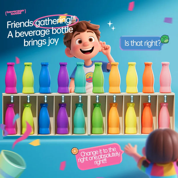 A colorful board game featuring various bottle-shaped pieces of different colors and shapes for a guessing game.