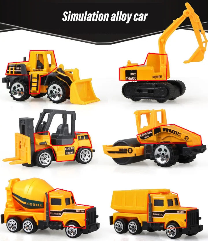 A set of ten die-cast construction trucks and a transporter in various yellow and black colors.
