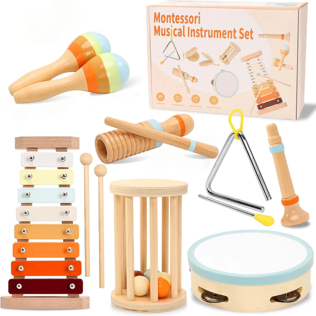 Wooden Montessori Percussion Instrument Set with Xylophone for Toddlers