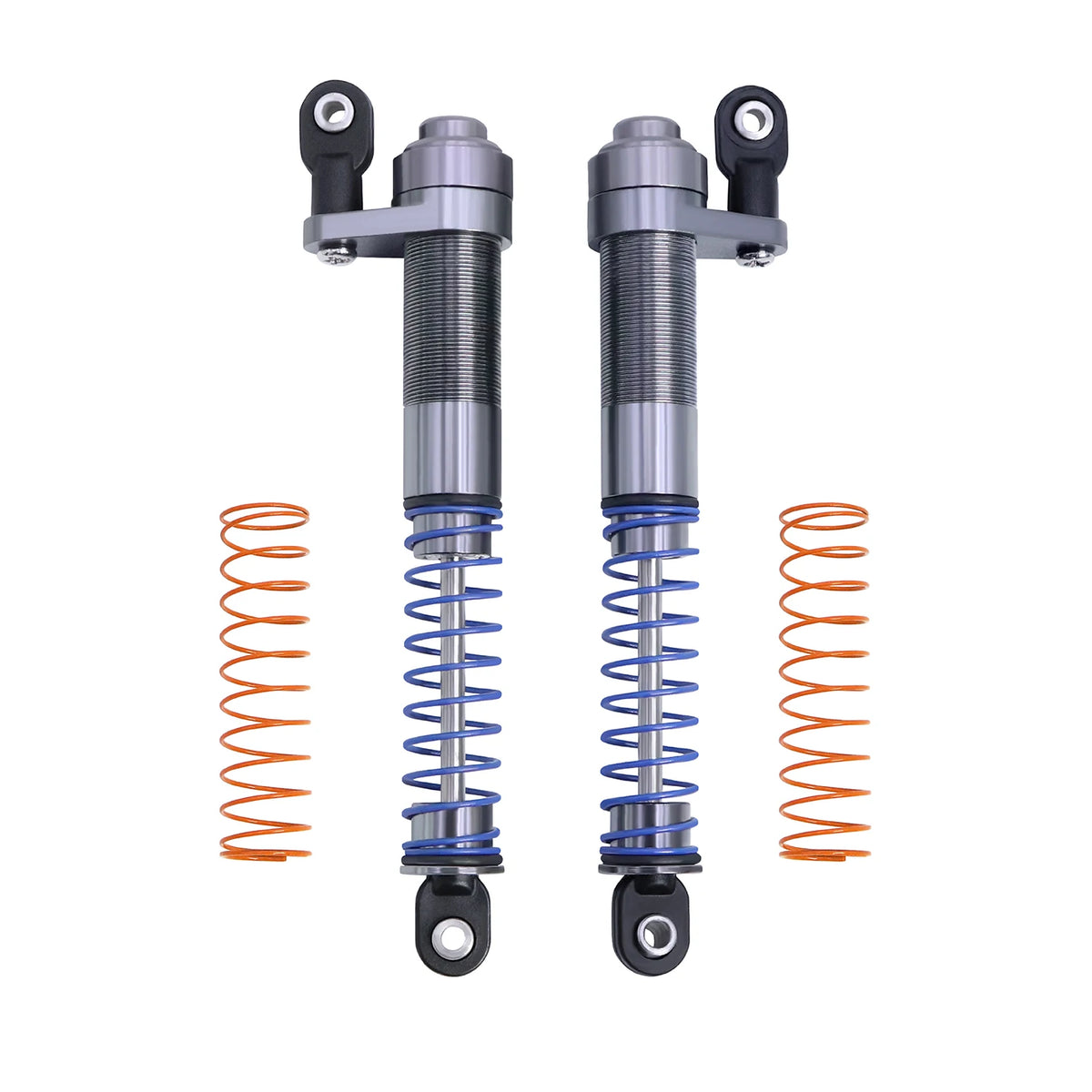 Two adjustable aluminum shock absorbers with coil springs and mounting brackets.