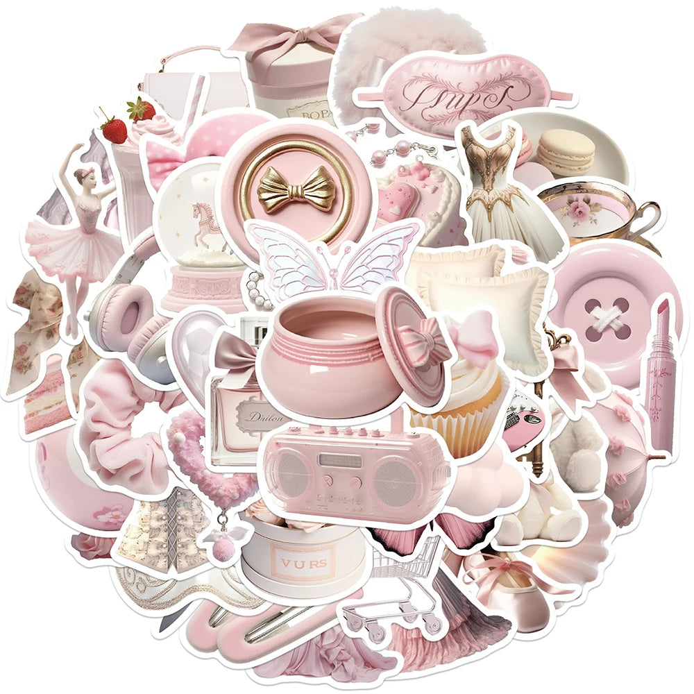 A collection of aesthetic ballet girl decals featuring pink and white themes for phones and luggage.