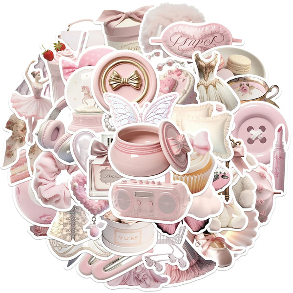 A collection of aesthetic ballet girl decals featuring pink and white themes for phones and luggage.