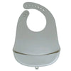 A white waterproof silicone baby bib with a catch pocket for feeding