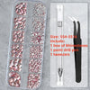 A clear plastic kit containing pink and silver rhinestones, a point drill pen, and tweezers for nail art.