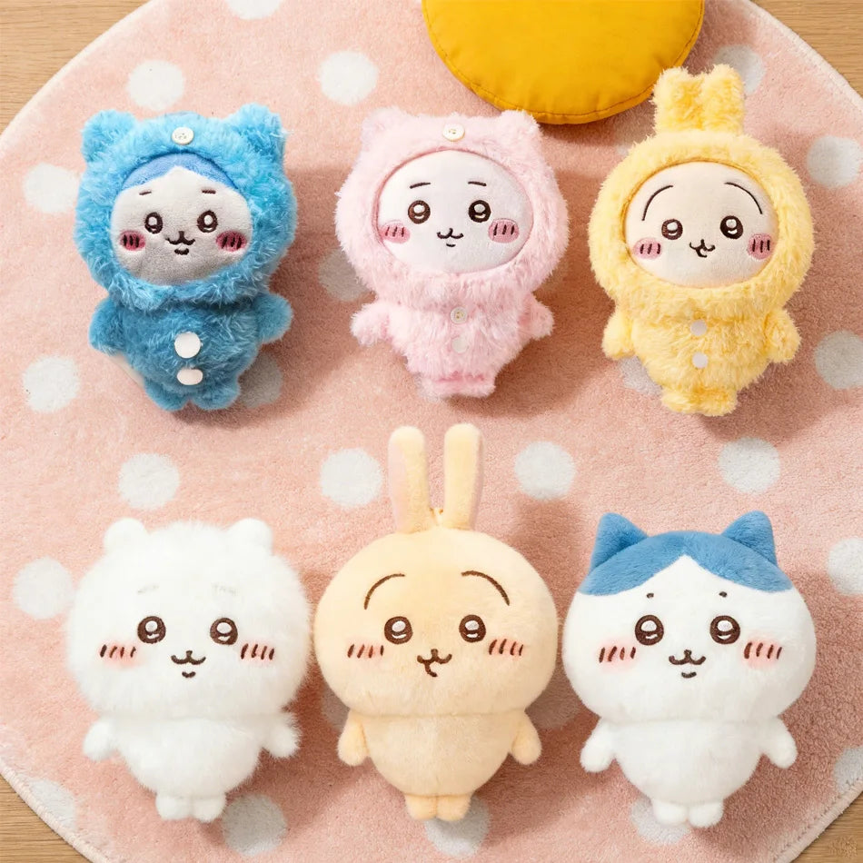 A collection of adorable Usagi Hachiware plush keychains in various pastel colors and themes.