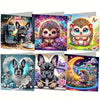 A set of diamond painting cards featuring cute animals like a dog and a hedgehog with colorful flower and bird designs.