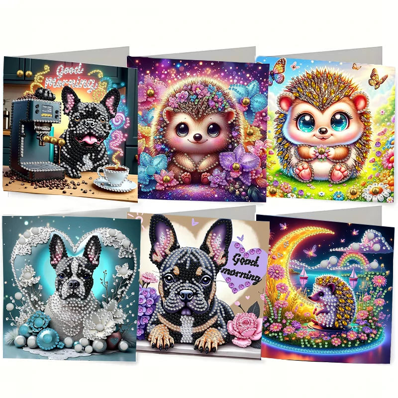 A set of diamond painting cards featuring cute animals like a dog and a hedgehog with colorful flower and bird designs.