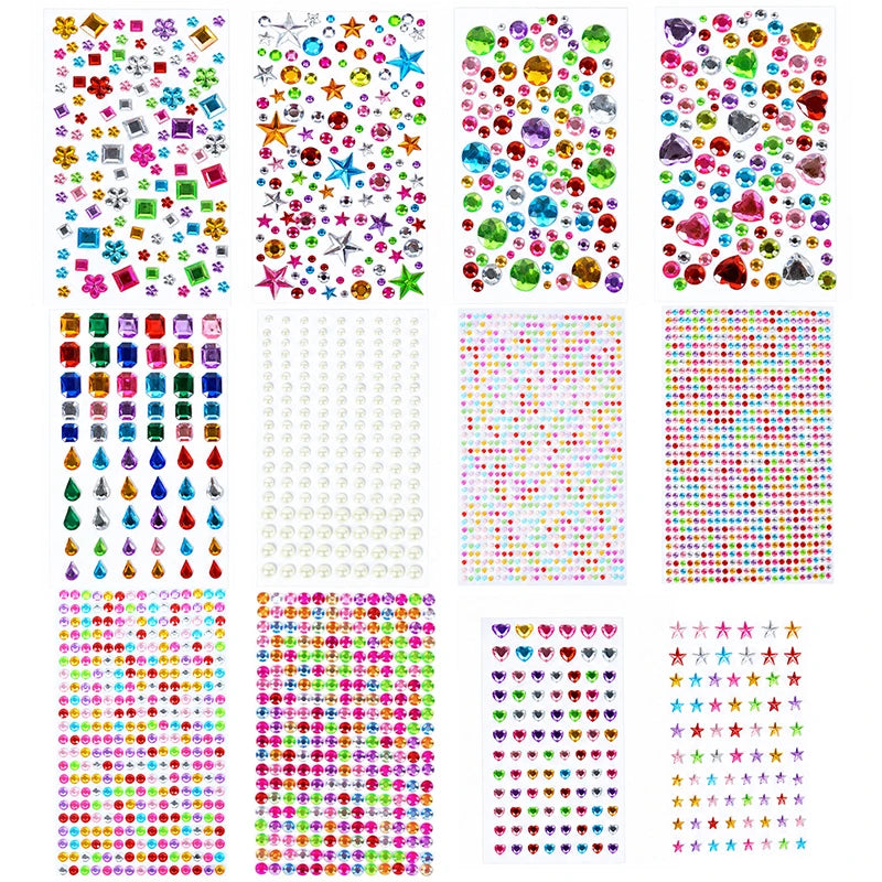 A collection of colorful self-adhesive acrylic gem stickers for face, nails, and crafts.