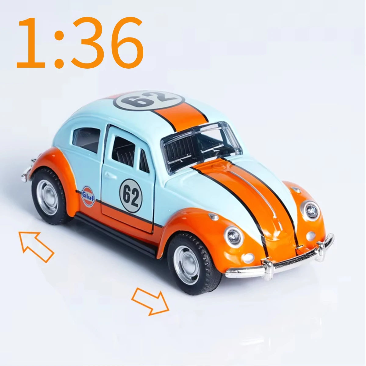 A 1:36 scale die-cast retro Beetle car painted light blue and orange with the number 62.