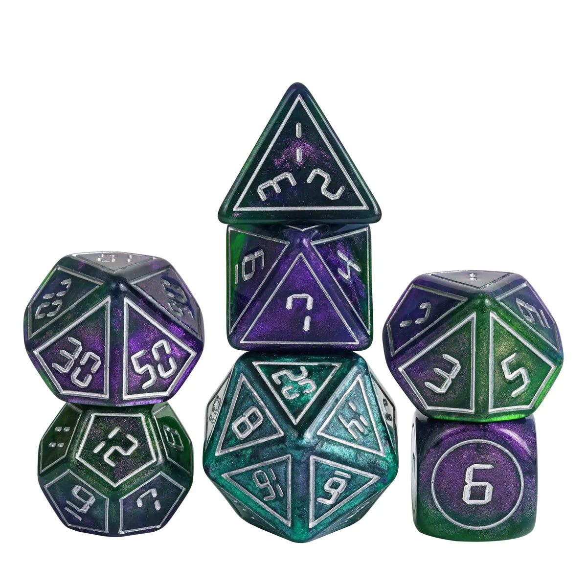A set of seven polyhedral resin dice in various sizes and colors, including a pyramid die and dodecahedron.