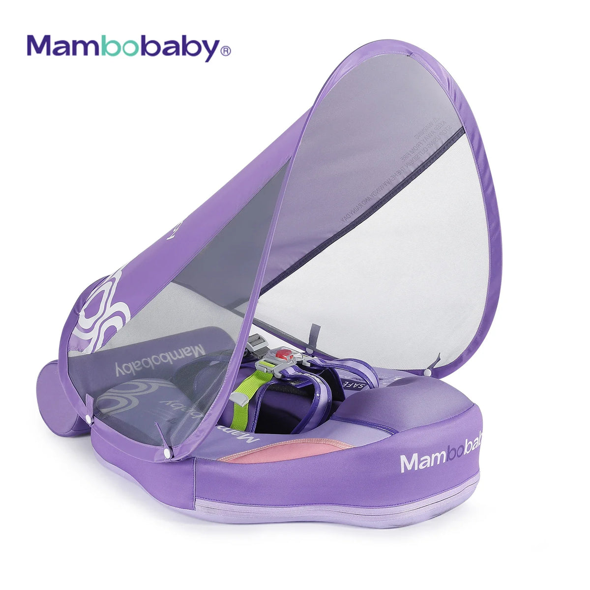 A purple baby swim float with a canopy and tail support is shown open on a white background.