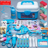 A colorful kids doctor role play kit featuring a blue medical box, stethoscope, and various plastic medical tools.