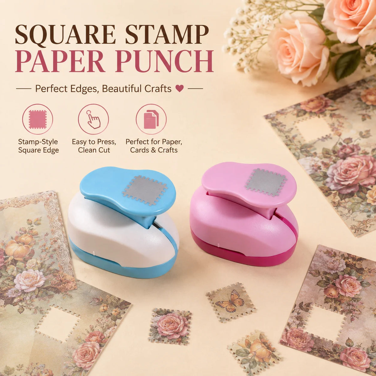 A pink and blue square stamp paper punch tool is shown with various decorative paper samples.