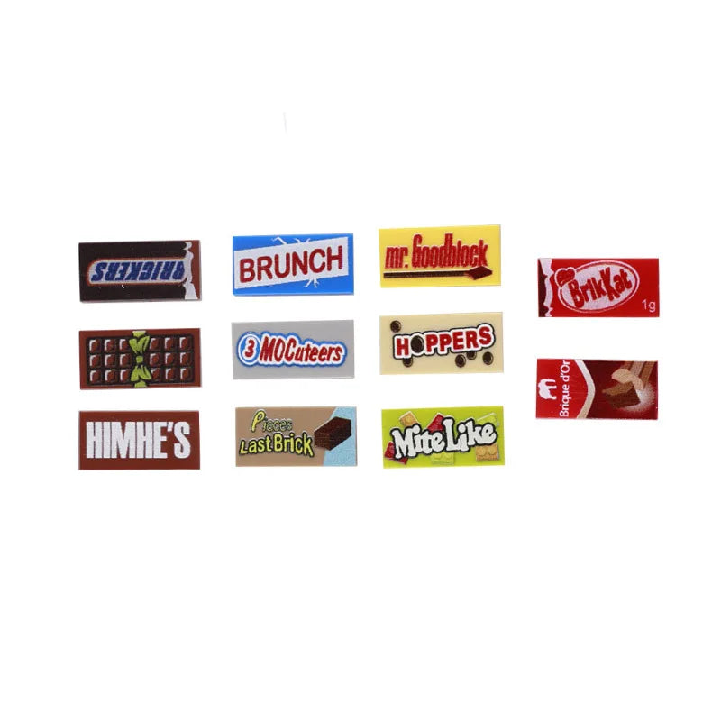 A collection of colorful building blocks and food-themed bricks including brunch, goodblock, and hipers sets.