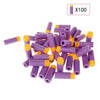A collection of purple and orange EVA foam darts for Nerf blasters, shown at a magnification of x100.