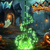 Animated witch broom with sound and green LED glow in a Halloween-themed outdoor setting.