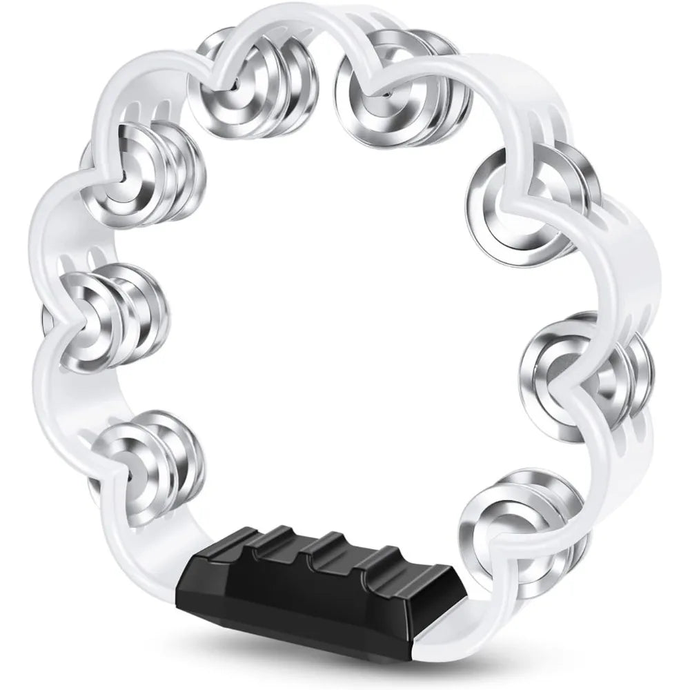 A white petal-shaped hand-cranked tambourine with an ergonomic grip shown from above.