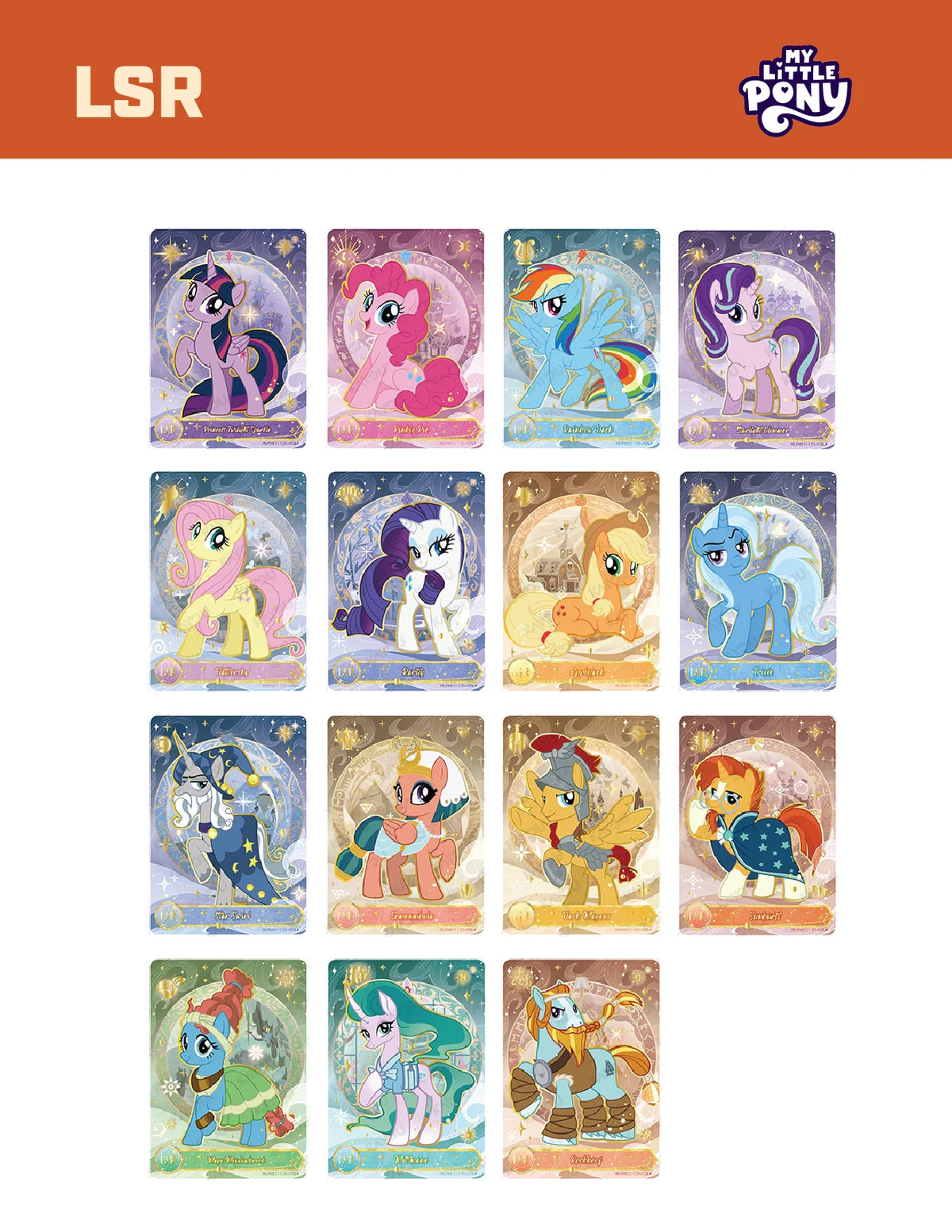 A collection of My Little Pony Friendship Eternal Moon Edition collectible trading cards featuring various pony characters.
