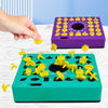 A hand is interacting with a green shape matching puzzle game featuring yellow pieces and a purple version.