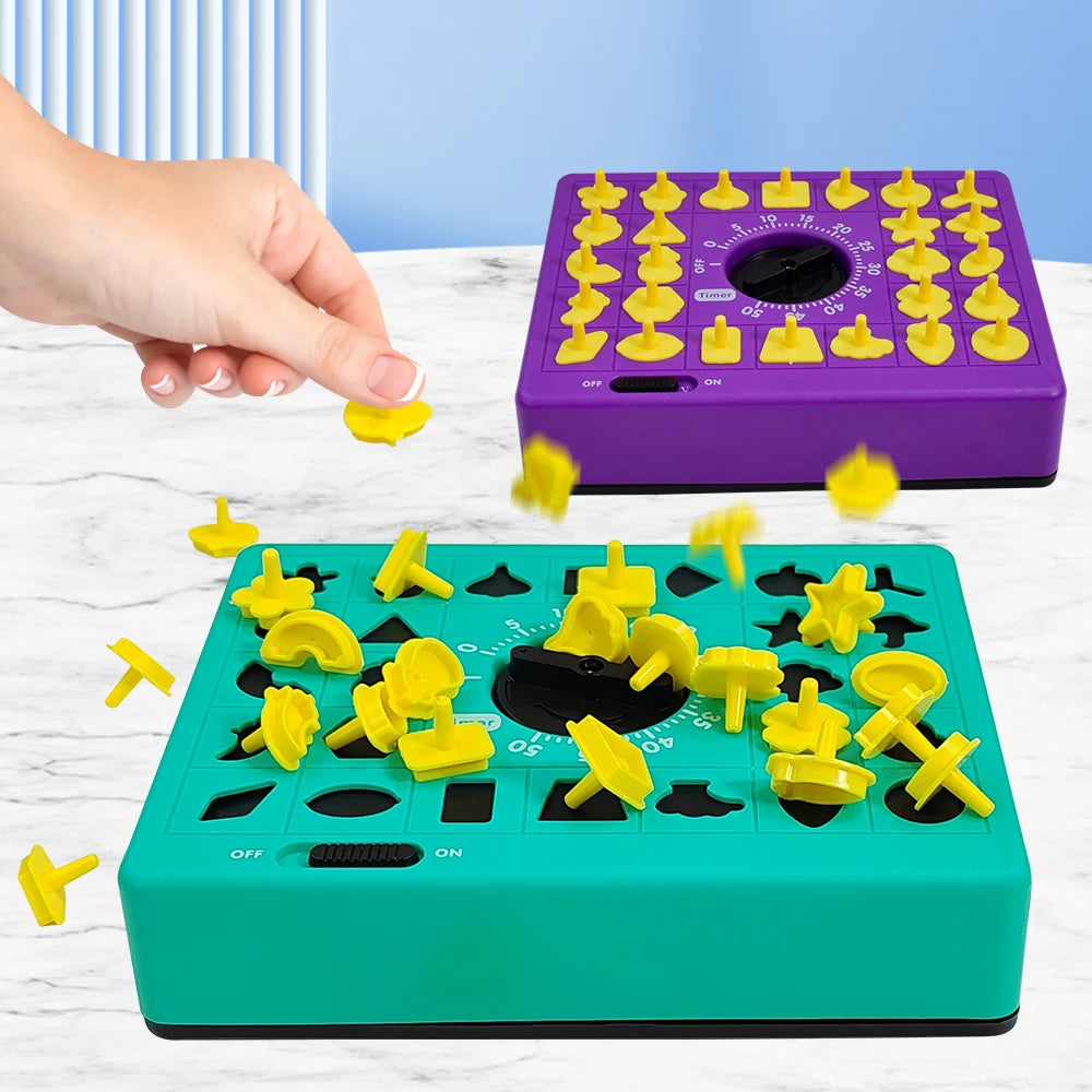 A hand is interacting with a green shape matching puzzle game featuring yellow pieces and a purple version.