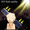 A DIY solar satellite model kit featuring a wooden lunar rover structure and solar panels against a starry background.