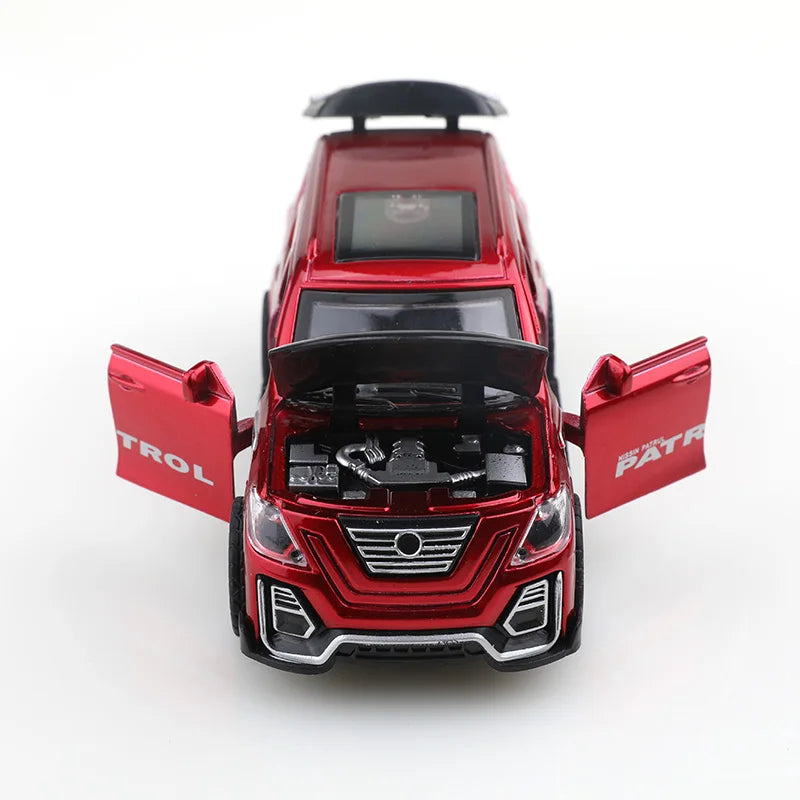 A red 1:36 scale die-cast metal SUV toy with opening doors and pull-back action.