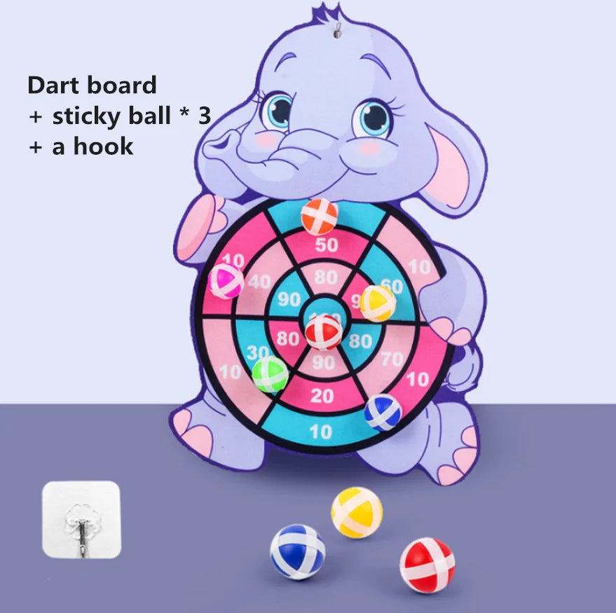 A purple cartoon elephant dart board game with a sticky ball and a hook.