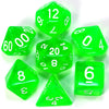 A collection of green acrylic dice including d12, d20, and triangular dice on a white surface.