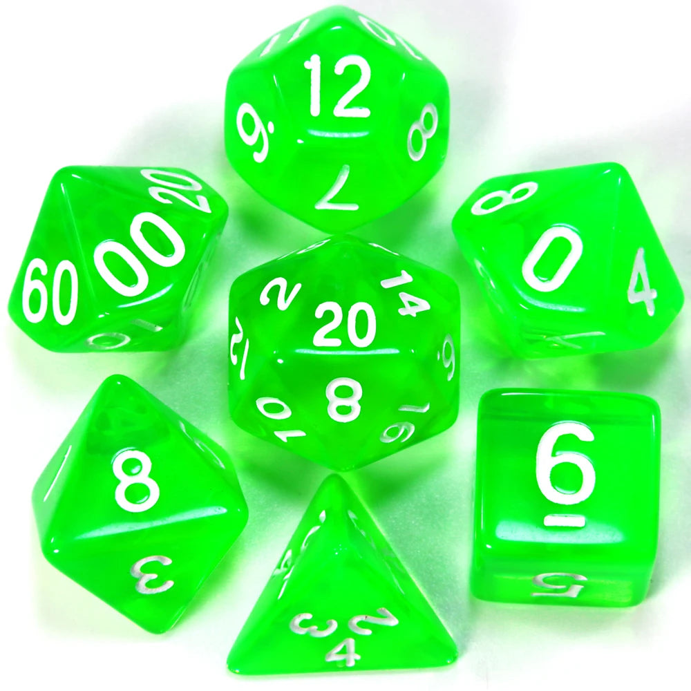 A collection of green acrylic dice including d12, d20, and triangular dice on a white surface.
