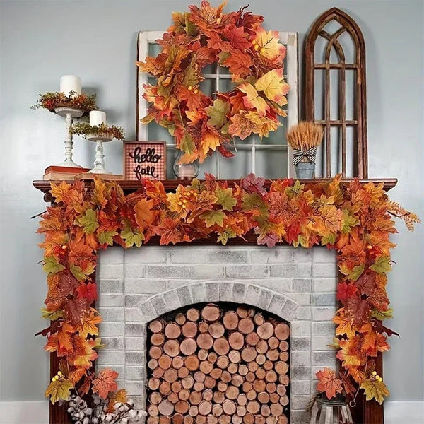 Artificial fall maple leaf garland decorating a fireplace mantel and surrounding decor