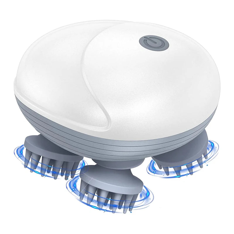A white electric scalp and body massager device with three rotating massage heads.