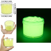 A jar of glow-in-the-dark crystal slime is shown with dimensions and a photo demonstrating its luminous properties.