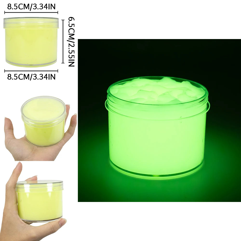 A jar of glow-in-the-dark crystal slime is shown with dimensions and a photo demonstrating its luminous properties.