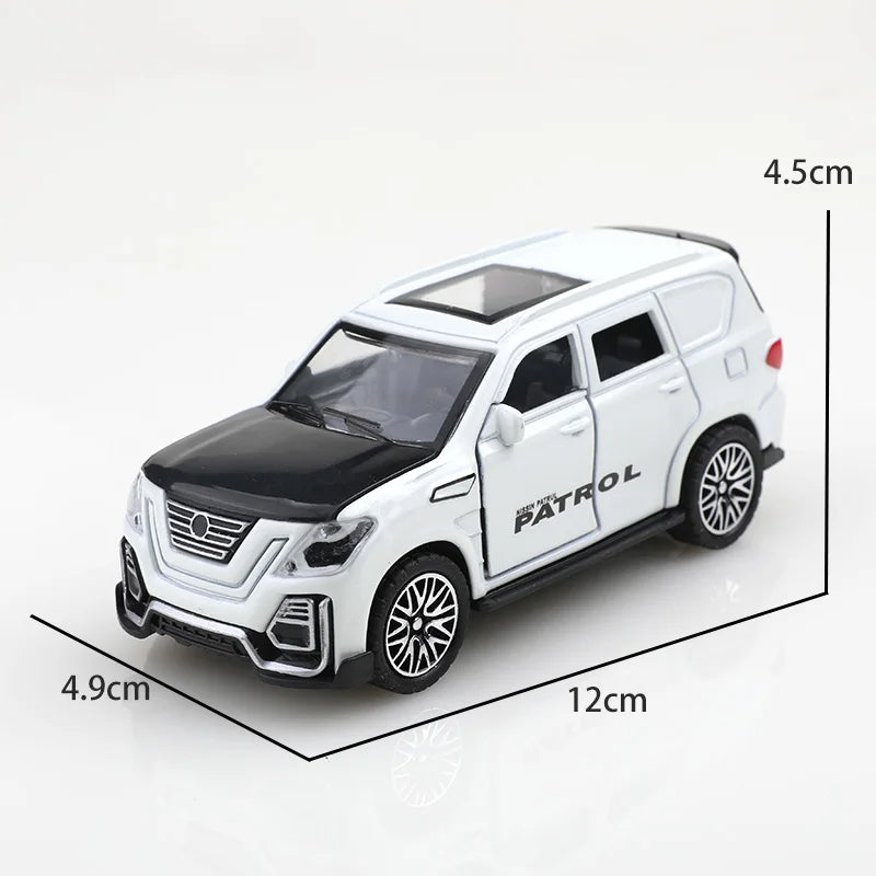 A white and black 1:36 scale die-cast metal SUV toy with opening doors and pull-back action.