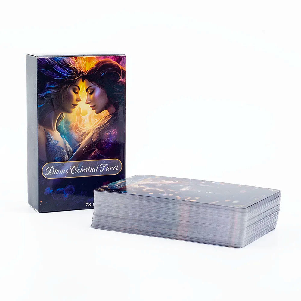 A box of the Divine Celestial Tarot card deck featuring illustrated fortune telling cards.