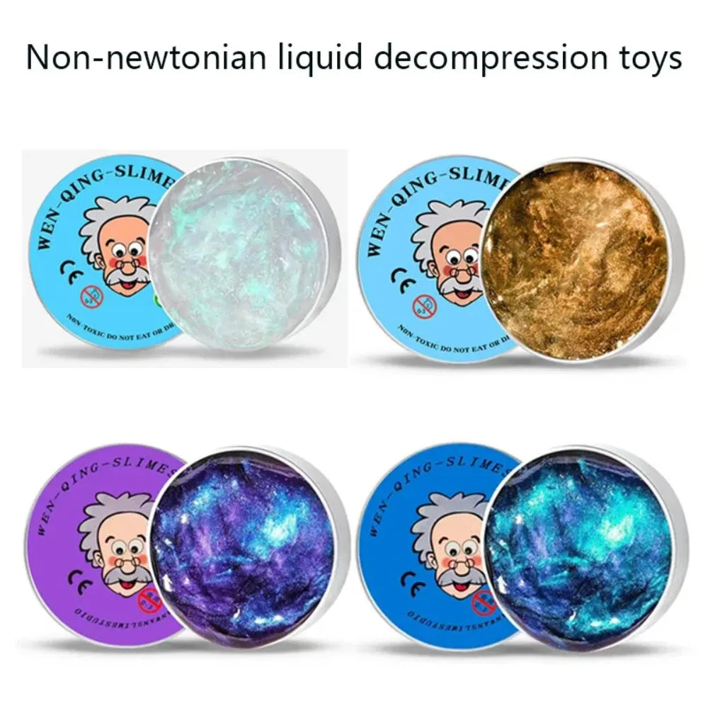 A set of non-newtonian liquid decompression toys including slime and crystal clear sensory putty in tins.