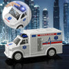 A white ambulance playset with a rotating dome and flashing lights is shown in front of a city skyline.