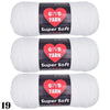 Three skeins of Super Soft Yarn in white with red labels showing Good Yarn