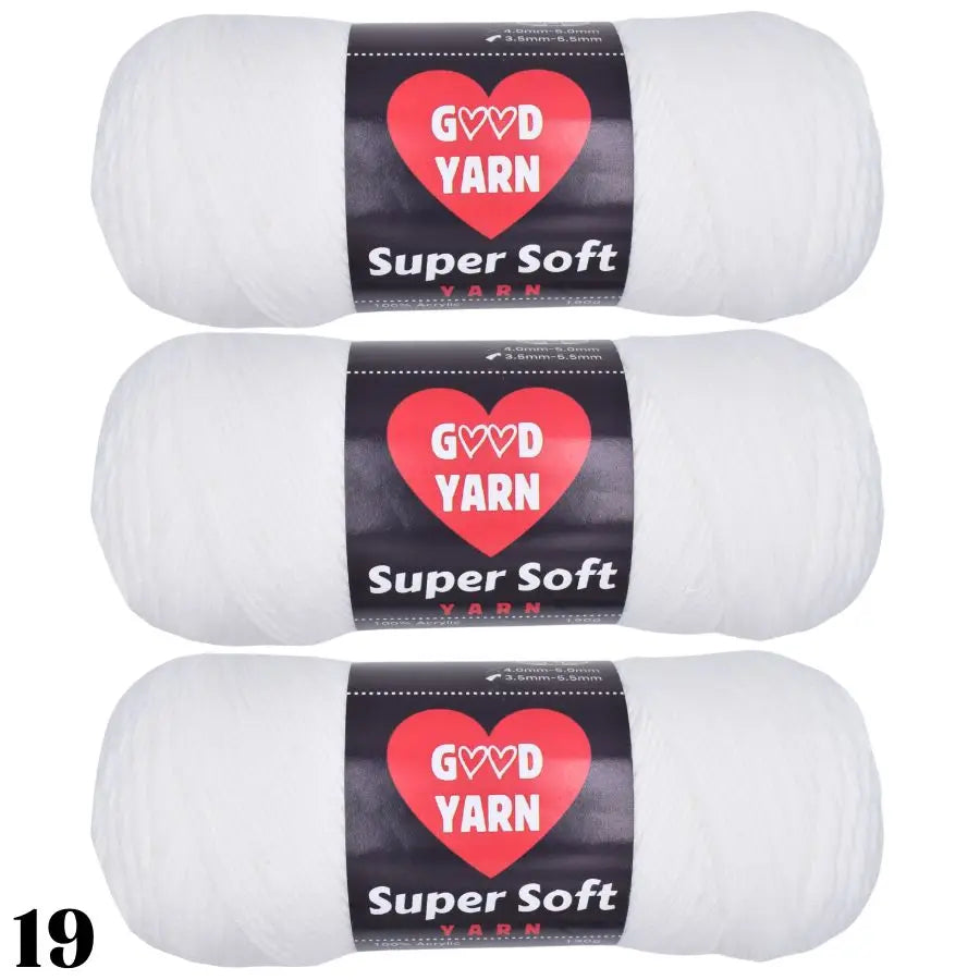 Three skeins of Super Soft Yarn in white with red labels showing Good Yarn