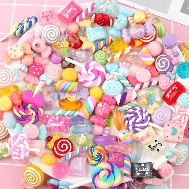 Assorted colorful candy resin flatbacks and candies for DIY crafts and jewelry making