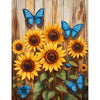 A painting featuring blue butterflies and yellow sunflowers on a wooden background.