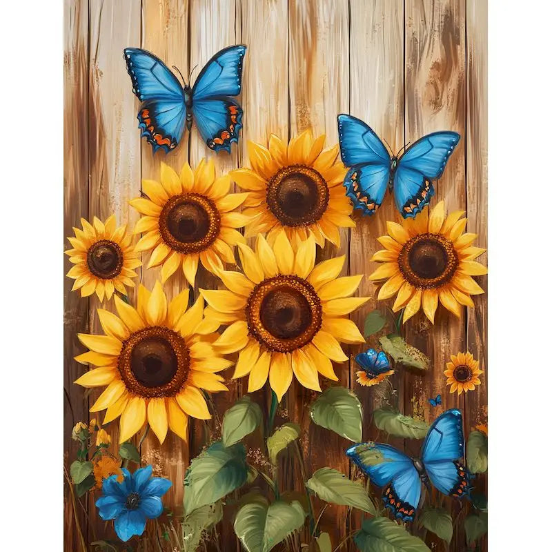 A painting featuring blue butterflies and yellow sunflowers on a wooden background.