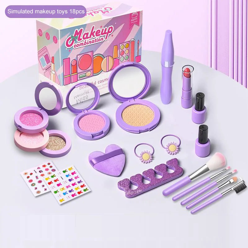 A simulated makeup toy set featuring various cosmetic items like lip glosses, eyeshadows, and brushes in purple and pink colo