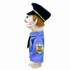 A plush hand puppet resembling a police officer with a dark blue hat and a blue uniform shirt featuring a yellow emblem.